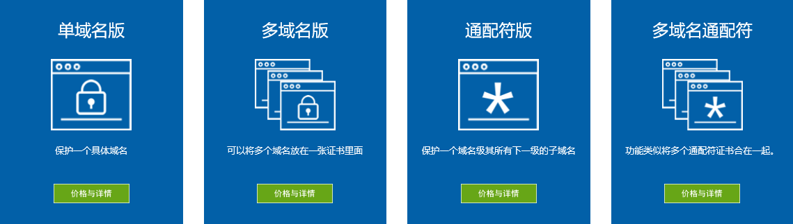 ssl证书分为单域名版，多域名版，通配符版